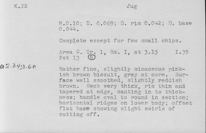 Index card with typed and handwritten information, sometimes including a sketch, of pottery from an excavation.