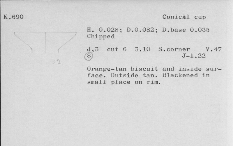 Index card with typed and handwritten information, sometimes including a sketch, of pottery from an excavation.