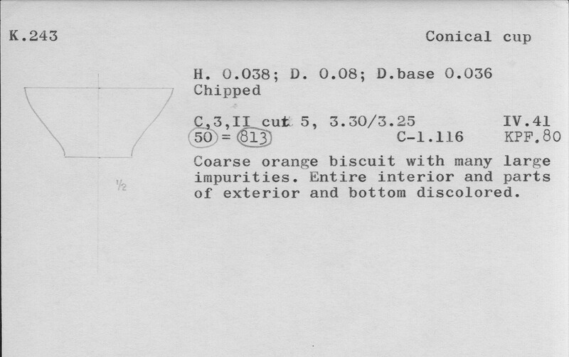 Index card with typed and handwritten information, sometimes including a sketch, of pottery from an excavation.