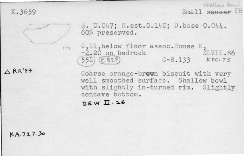 Index card with typed and handwritten information, sometimes including a sketch, of pottery from an excavation.
