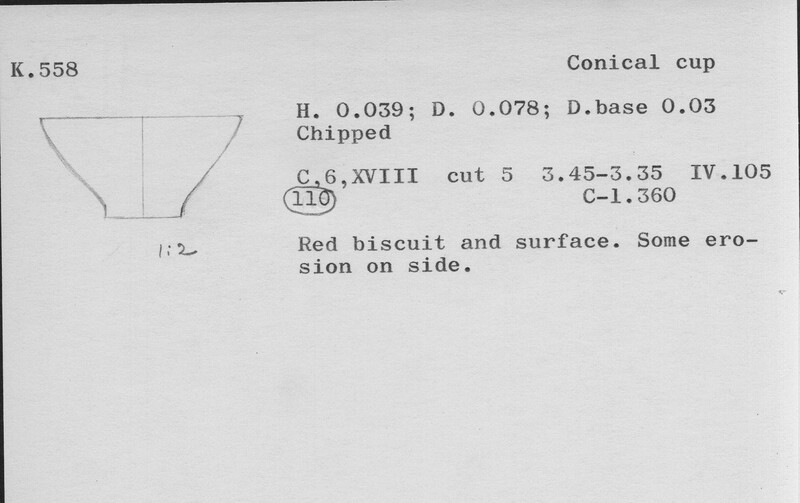 Index card with typed and handwritten information, sometimes including a sketch, of pottery from an excavation.