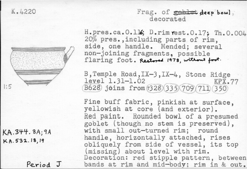 Index card with typed and handwritten information, sometimes including a sketch, of pottery from an excavation.