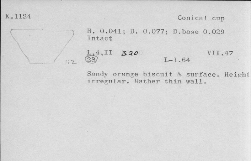 Index card with typed and handwritten information, sometimes including a sketch, of pottery from an excavation.