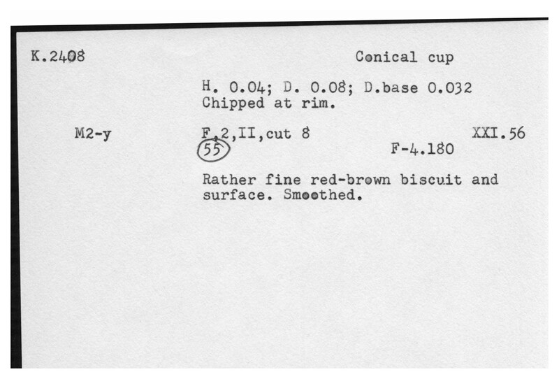 Index card with typed and handwritten information, sometimes including a sketch, of pottery from an excavation.