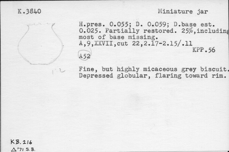 Index card with typed and handwritten information, sometimes including a sketch, of pottery from an excavation.