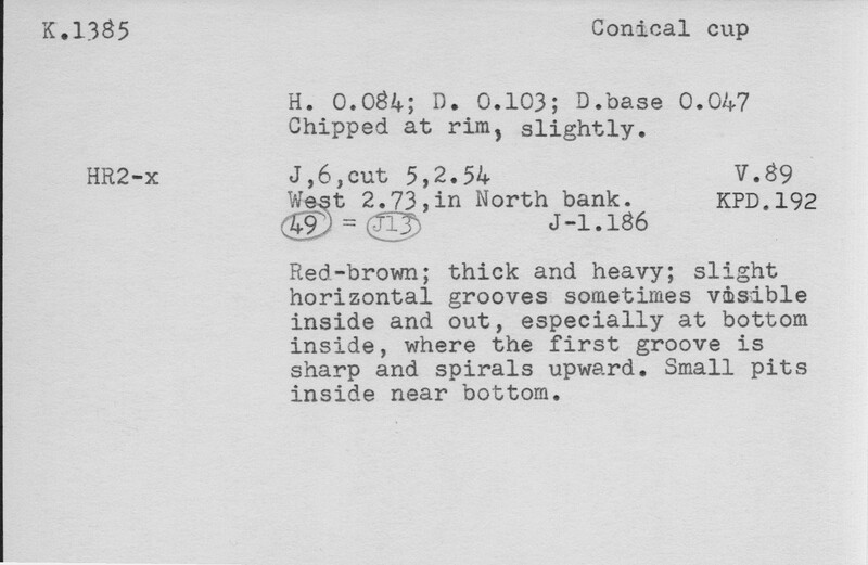 Index card with typed and handwritten information, sometimes including a sketch, of pottery from an excavation.