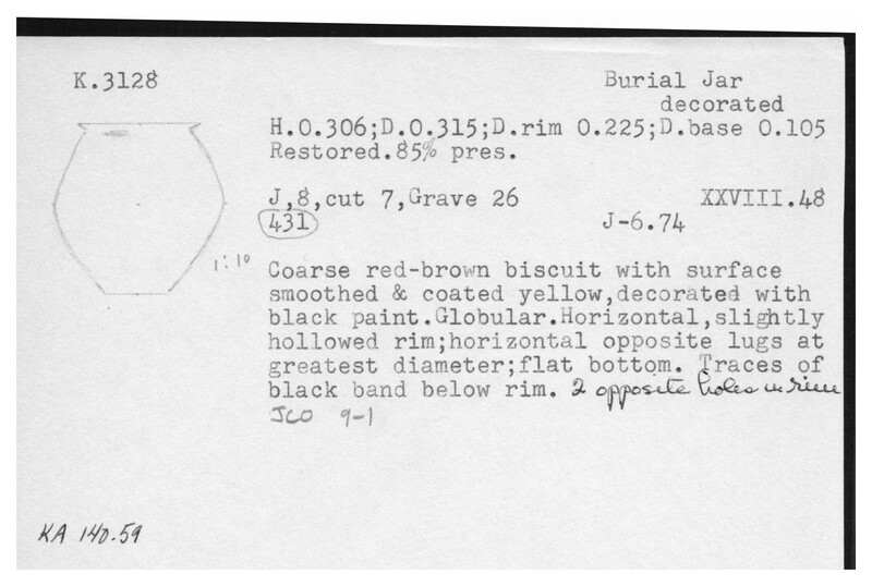 Index card with typed and handwritten information, sometimes including a sketch, of pottery from an excavation.