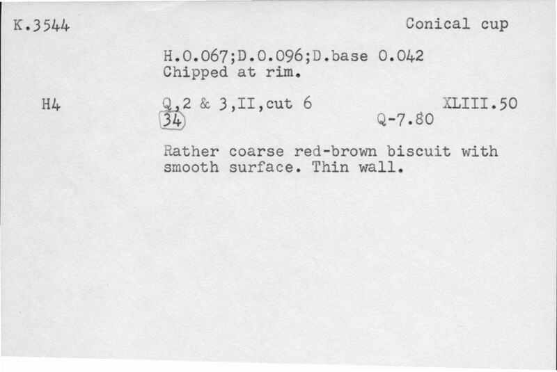 Index card with typed and handwritten information, sometimes including a sketch, of pottery from an excavation.