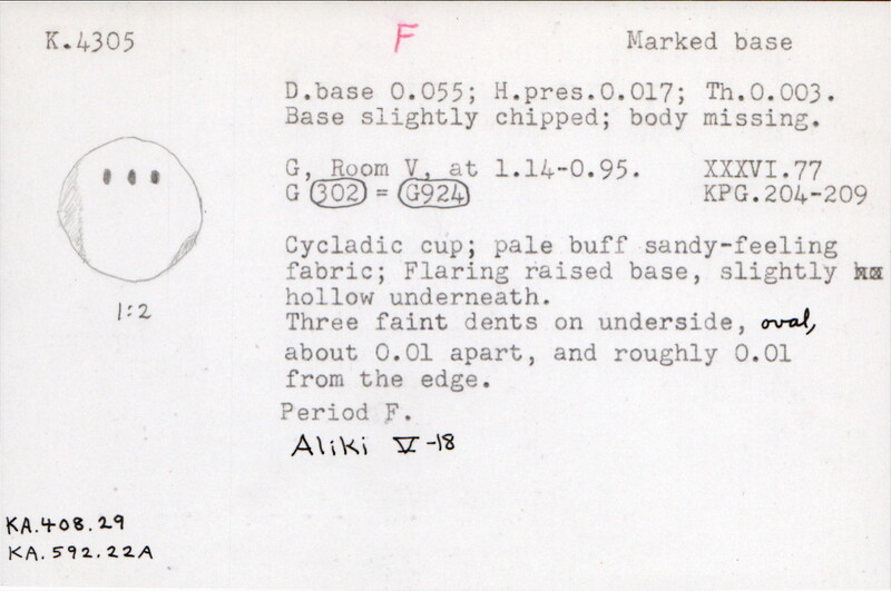 Index card with typed and handwritten information, sometimes including a sketch, of pottery from an excavation.