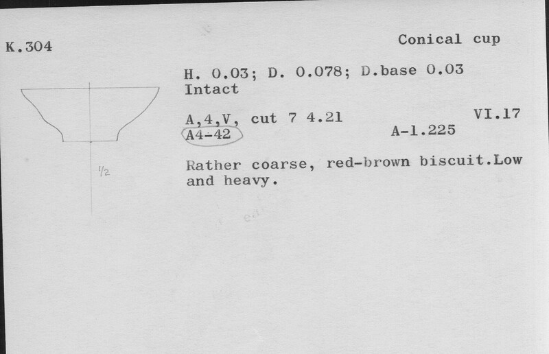 Index card with typed and handwritten information, sometimes including a sketch, of pottery from an excavation.