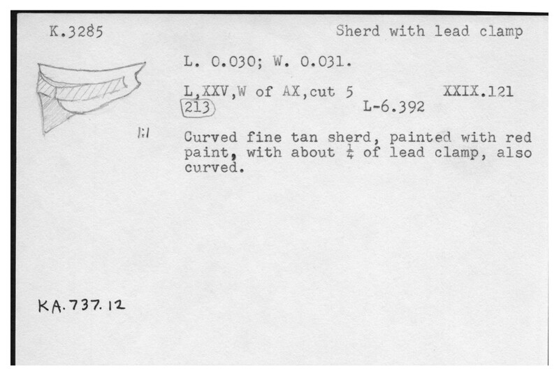 Index card with typed and handwritten information, sometimes including a sketch, of pottery from an excavation.