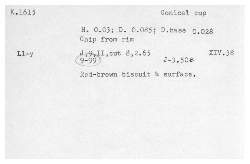 Index card with typed and handwritten information, sometimes including a sketch, of pottery from an excavation.