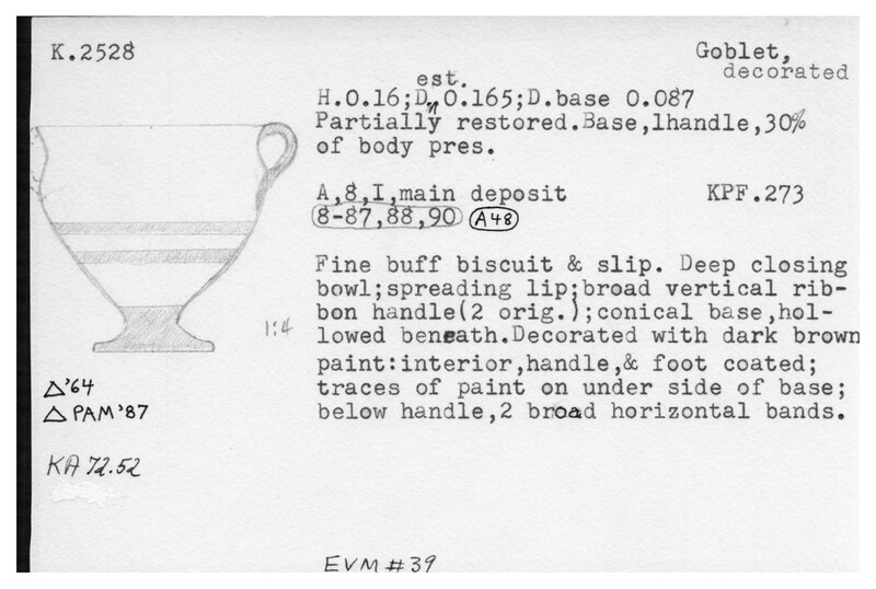 Index card with typed and handwritten information, sometimes including a sketch, of pottery from an excavation.