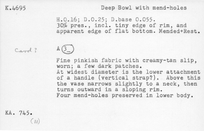 Index card with typed and handwritten information, sometimes including a sketch, of pottery from an excavation.
