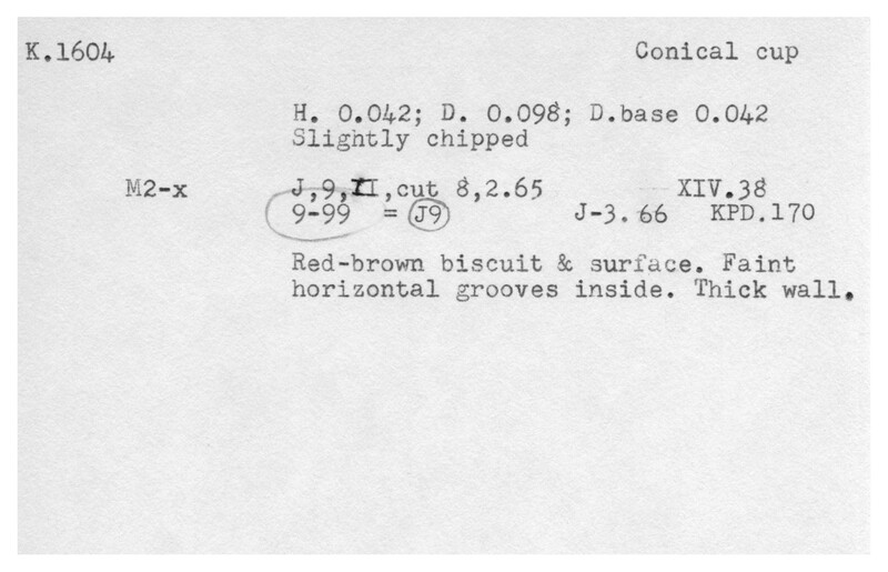 Index card with typed and handwritten information, sometimes including a sketch, of pottery from an excavation.
