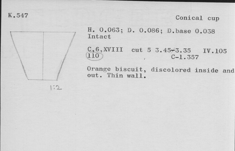 Index card with typed and handwritten information, sometimes including a sketch, of pottery from an excavation.