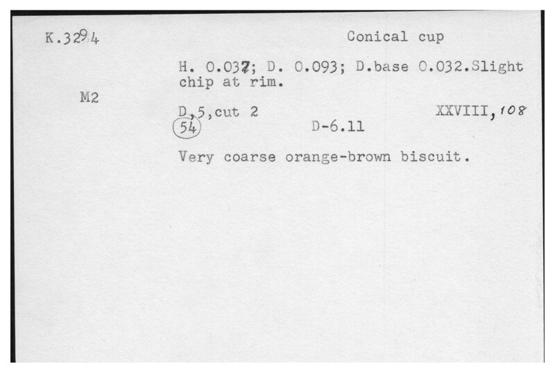 Index card with typed and handwritten information, sometimes including a sketch, of pottery from an excavation.