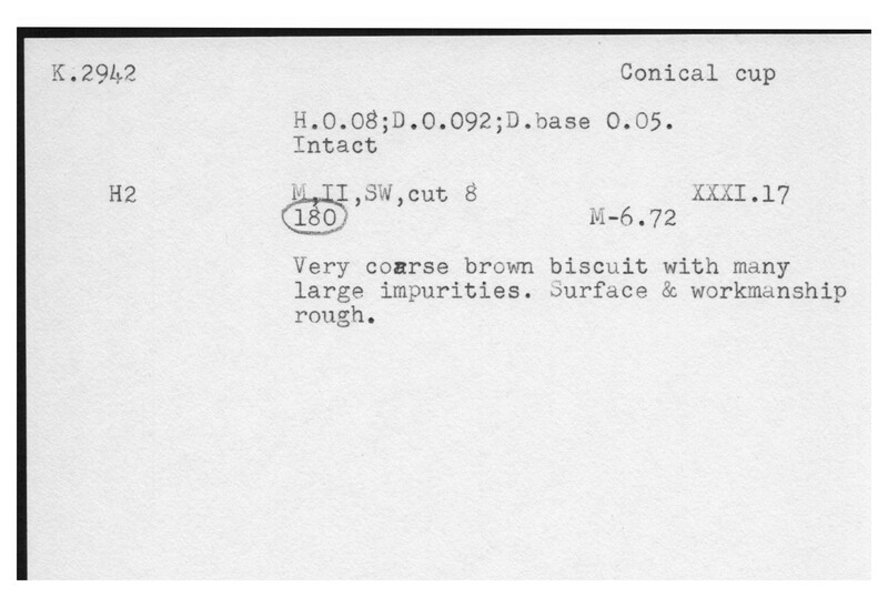 Index card with typed and handwritten information, sometimes including a sketch, of pottery from an excavation.