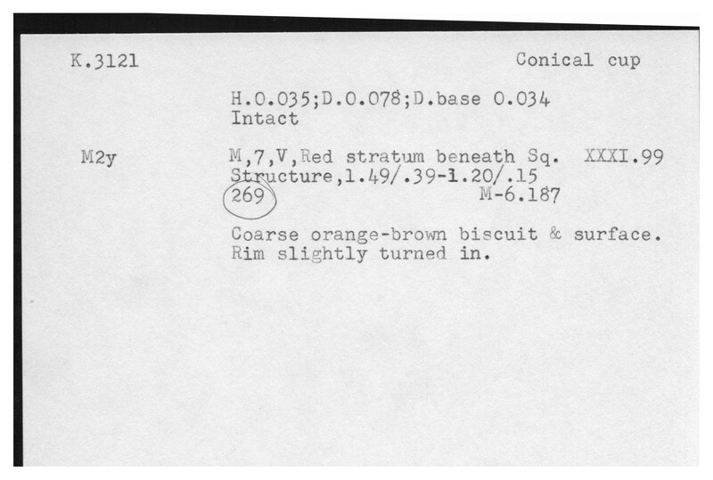 Index card with typed and handwritten information, sometimes including a sketch, of pottery from an excavation.