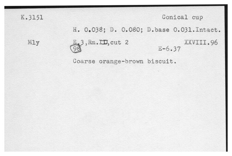 Index card with typed and handwritten information, sometimes including a sketch, of pottery from an excavation.