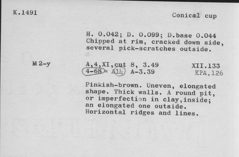 Index card with typed and handwritten information, sometimes including a sketch, of pottery from an excavation.
