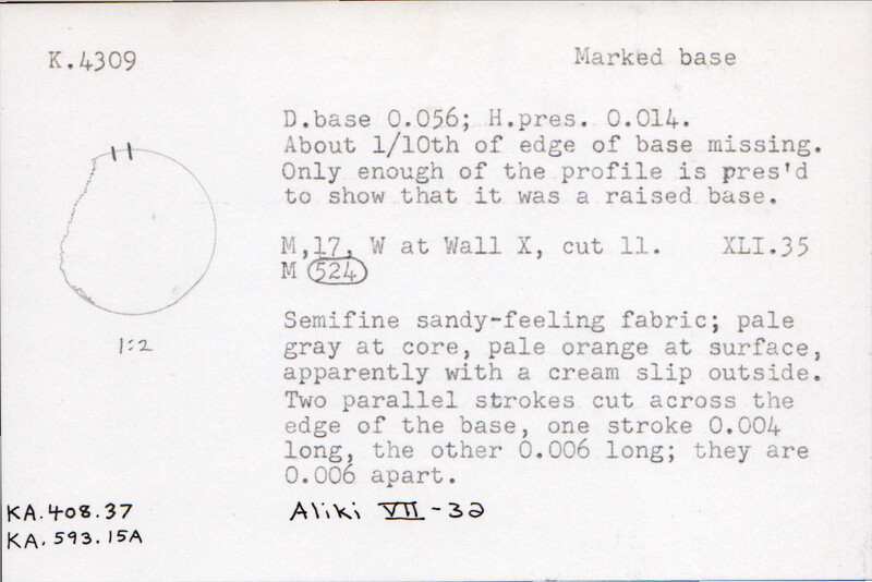 Index card with typed and handwritten information, sometimes including a sketch, of pottery from an excavation.