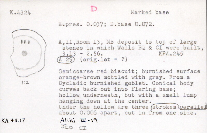 Index card with typed and handwritten information, sometimes including a sketch, of pottery from an excavation.