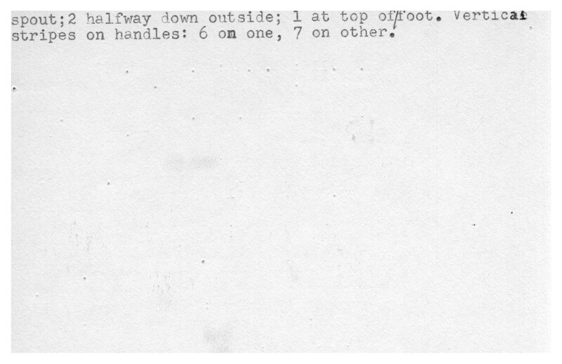 Index card with typed and handwritten information, sometimes including a sketch, of pottery from an excavation.