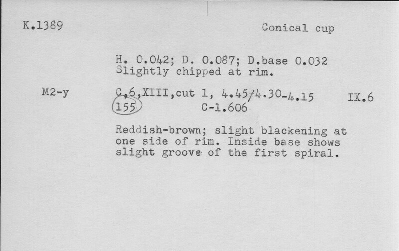 Index card with typed and handwritten information, sometimes including a sketch, of pottery from an excavation.