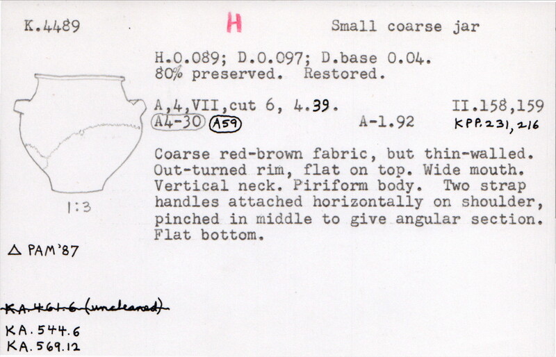 Index card with typed and handwritten information, sometimes including a sketch, of pottery from an excavation.