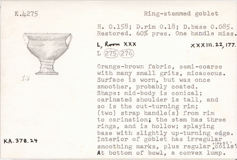 Index card with typed and handwritten information, sometimes including a sketch, of pottery from an excavation.