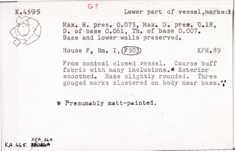 Index card with typed and handwritten information, sometimes including a sketch, of pottery from an excavation.