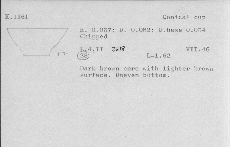 Index card with typed and handwritten information, sometimes including a sketch, of pottery from an excavation.