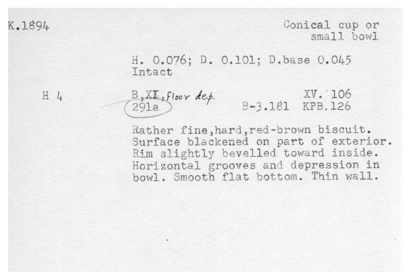 Index card with typed and handwritten information, sometimes including a sketch, of pottery from an excavation.