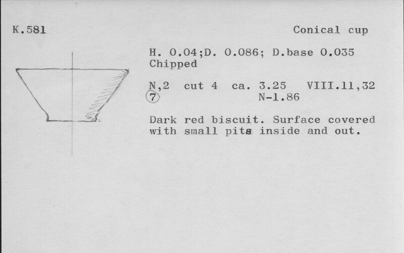 Index card with typed and handwritten information, sometimes including a sketch, of pottery from an excavation.