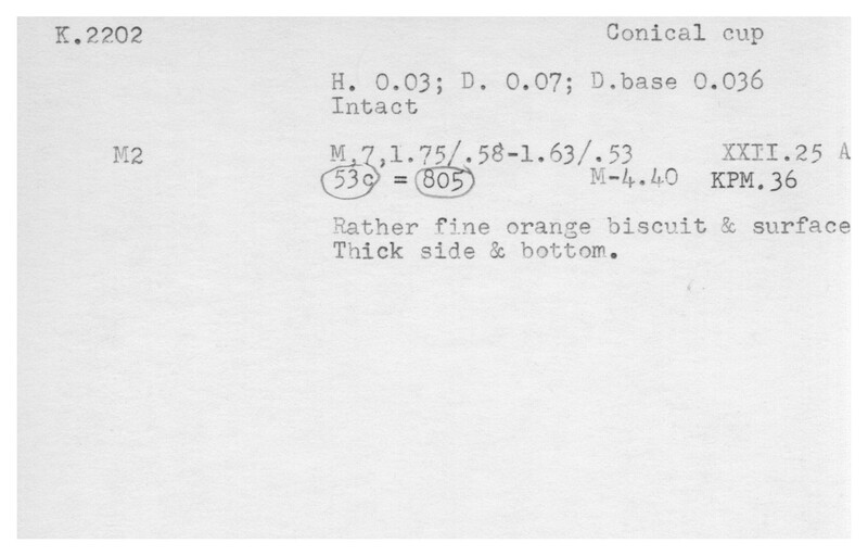 Index card with typed and handwritten information, sometimes including a sketch, of pottery from an excavation.