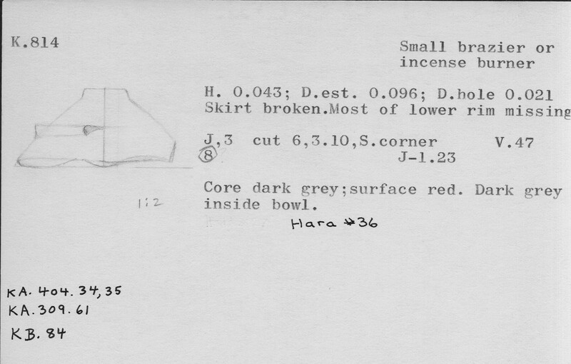 Index card with typed and handwritten information, sometimes including a sketch, of pottery from an excavation.