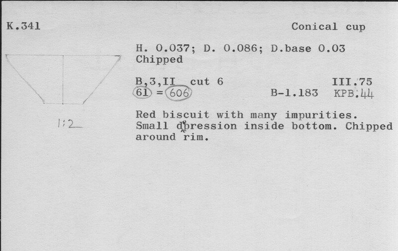 Index card with typed and handwritten information, sometimes including a sketch, of pottery from an excavation.