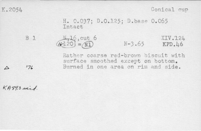 Index card with typed and handwritten information, sometimes including a sketch, of pottery from an excavation.