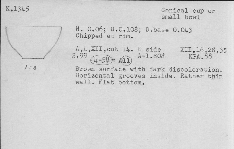 Index card with typed and handwritten information, sometimes including a sketch, of pottery from an excavation.
