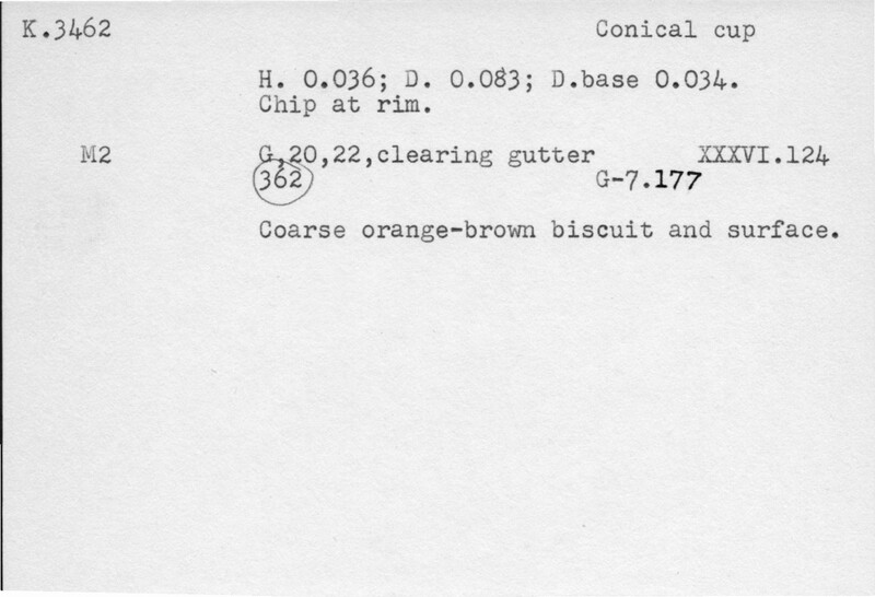 Index card with typed and handwritten information, sometimes including a sketch, of pottery from an excavation.