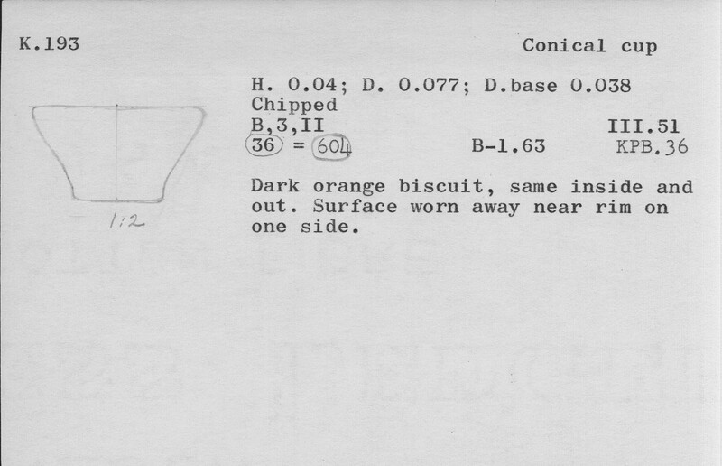 Index card with typed and handwritten information, sometimes including a sketch, of pottery from an excavation.