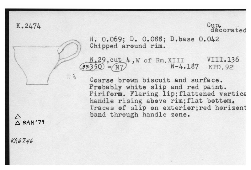 Index card with typed and handwritten information, sometimes including a sketch, of pottery from an excavation.