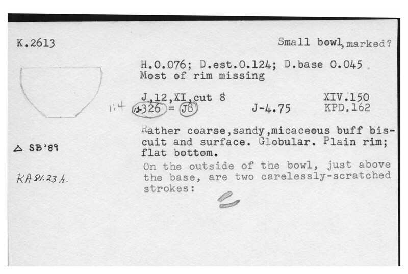 Index card with typed and handwritten information, sometimes including a sketch, of pottery from an excavation.