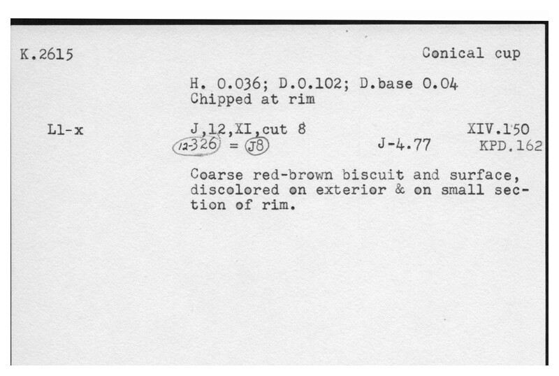 Index card with typed and handwritten information, sometimes including a sketch, of pottery from an excavation.