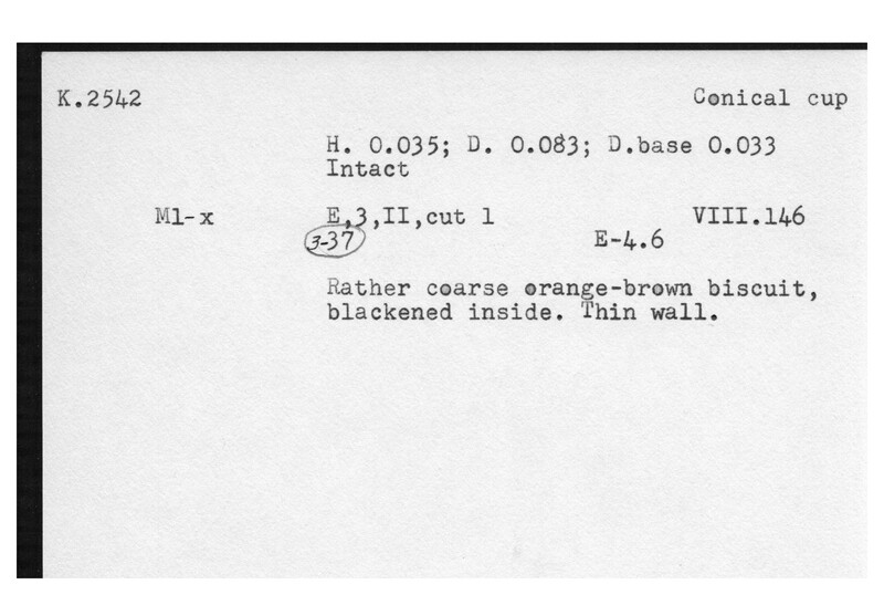 Index card with typed and handwritten information, sometimes including a sketch, of pottery from an excavation.