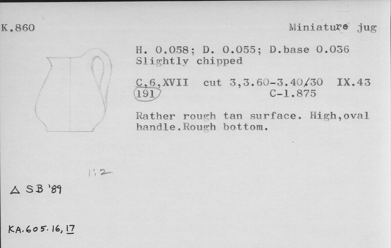 Index card with typed and handwritten information, sometimes including a sketch, of pottery from an excavation.