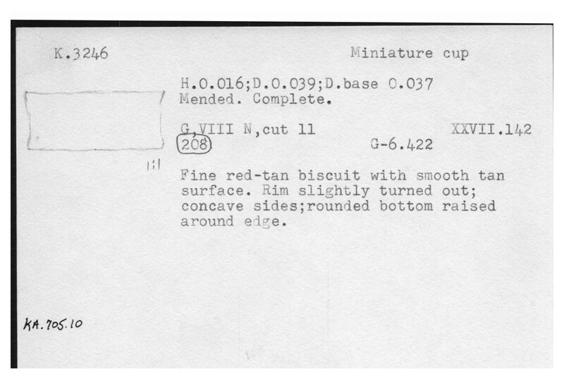 Index card with typed and handwritten information, sometimes including a sketch, of pottery from an excavation.