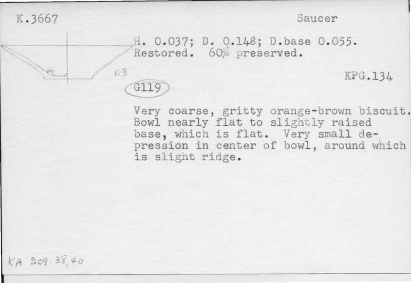 Index card with typed and handwritten information, sometimes including a sketch, of pottery from an excavation.
