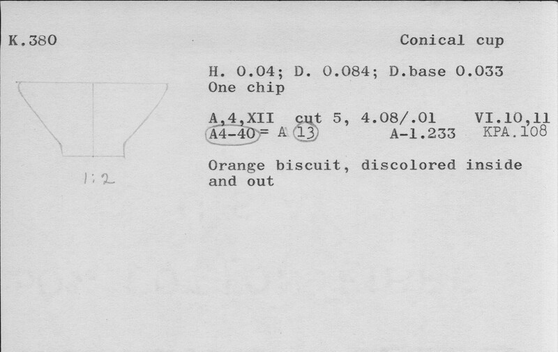 Index card with typed and handwritten information, sometimes including a sketch, of pottery from an excavation.